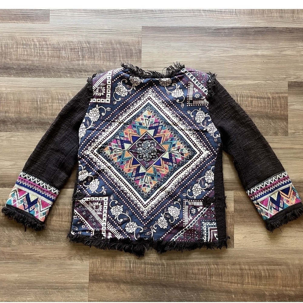 Billabong Jacket Womens Medium Brown Boho Tweed Fringe Tribal Aztec Embroidered